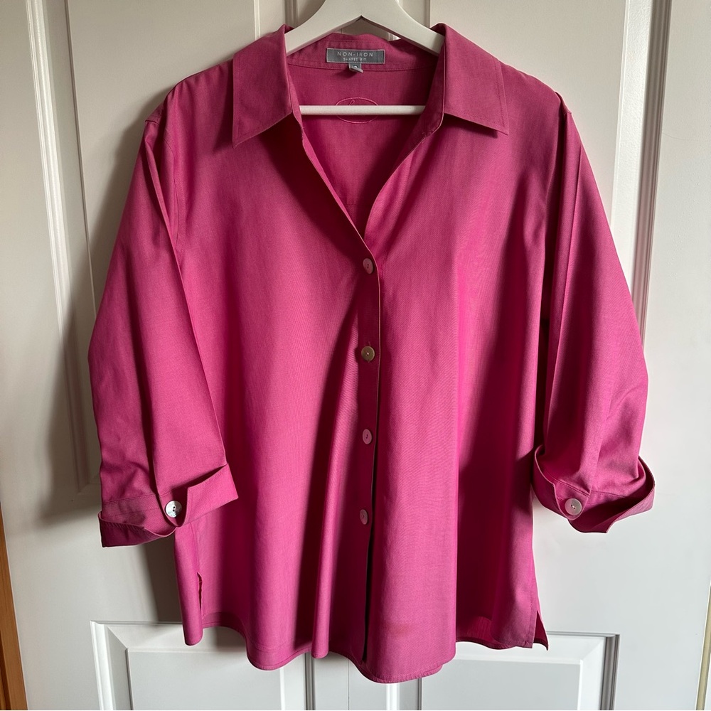 Foxcroft Pink Button Up Blouse non-iron Shaped Fit Mother of Pearl Buttons